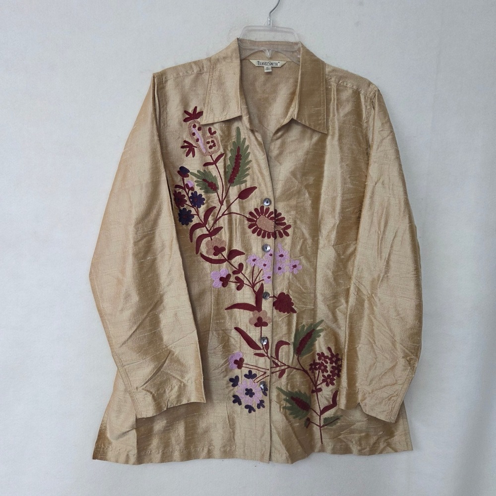 TravelSmith Silk Blouse Women XL Gold Embroidered Floral Long Sleeve Button Up